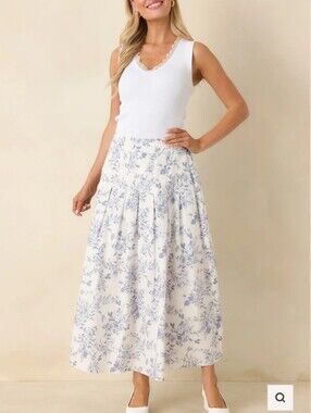 Prosperina Once Upon a Daydream Blue & Ivory Floral Toile Cotton Maxi Skirt